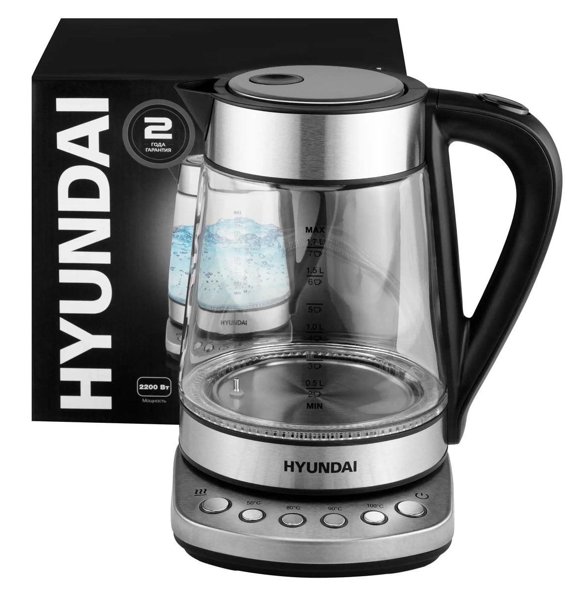 

Чайник электрический Hyundai HYK-G3026, 2200Вт, серебристый и черный