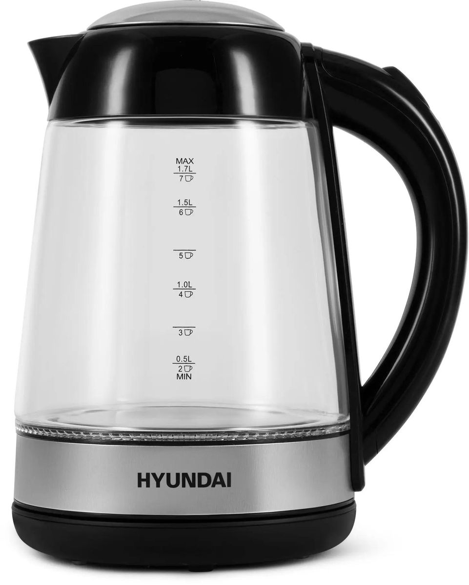 

Чайник электрический HYUNDAI HYK-G3803, 2200Вт, черный и серебристый