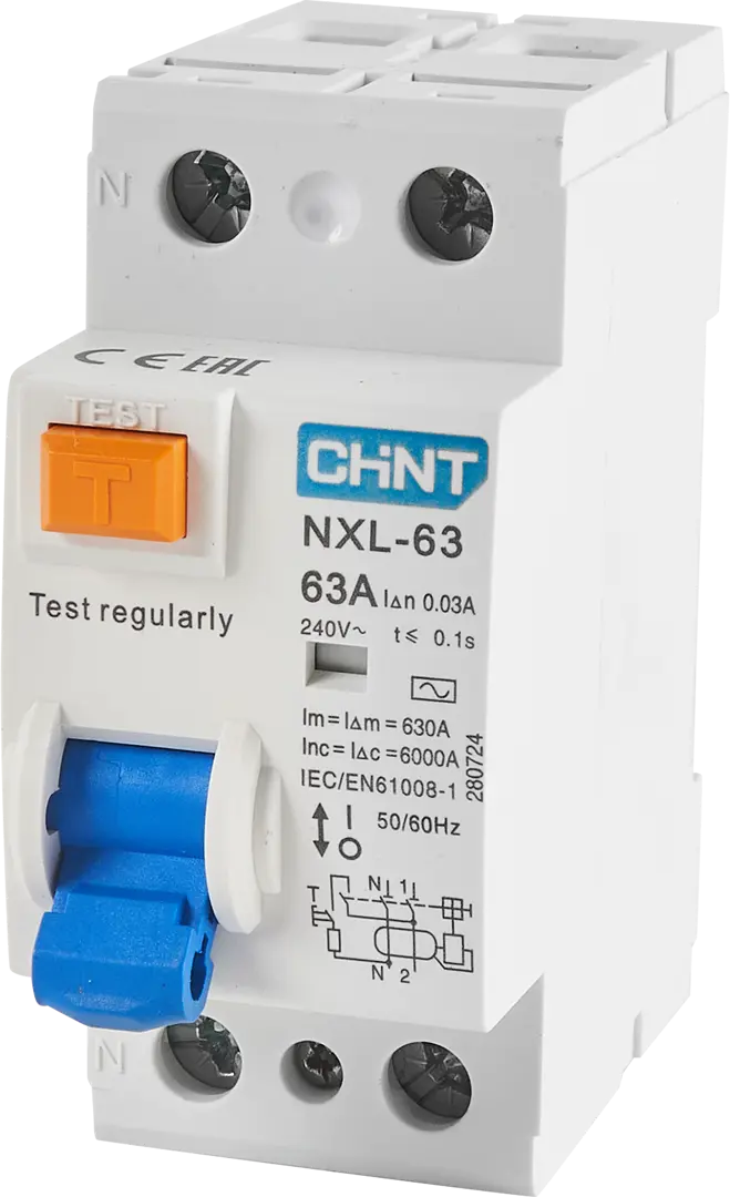 

УЗО Chint NXB-63S 2P 63 A 30 мА 6 кА AC