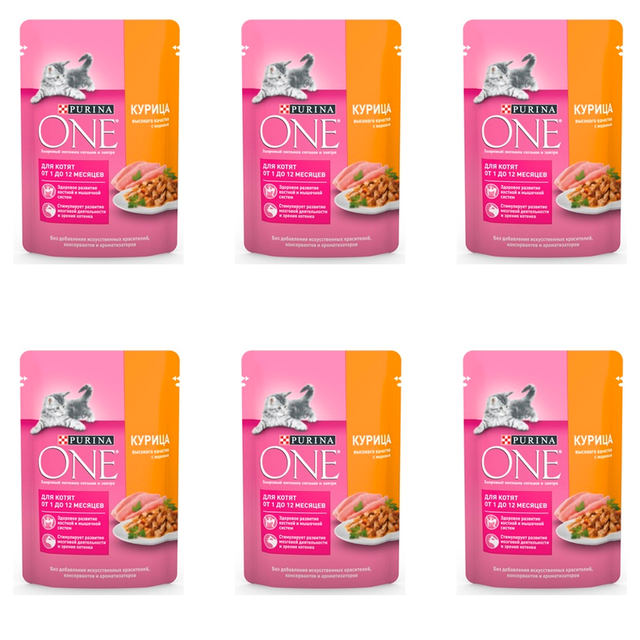 Влажный корм для котят Purina One с курицей и морковью, 6 шт по 75 г