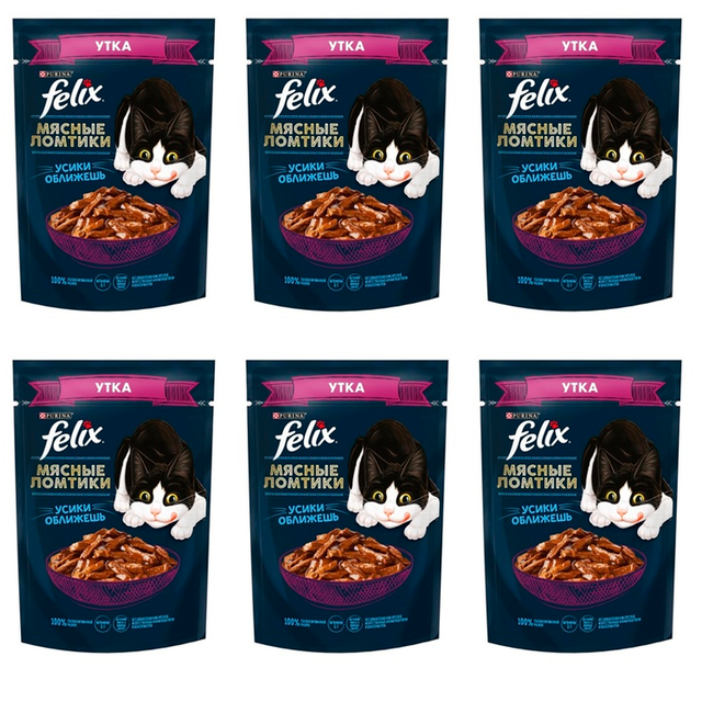 Влажный корм для кошек Felix Мясные ломтики с уткой 6 шт по 75 г