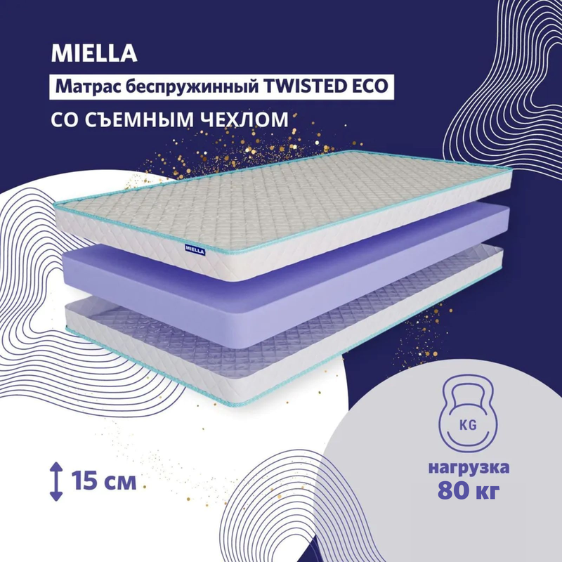 Матрас MIELLA Twisted Eco, 90х200 см для кровати, анатомический, съемный чехол