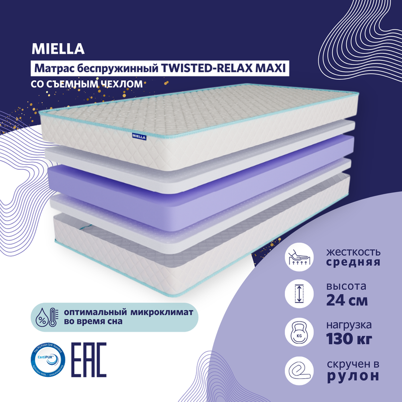 

Матрас 90х200 MIELLA Twisted-Relax Maxi анатомический, со съемным чехлом, Белый, Twisted-Relax Maxi