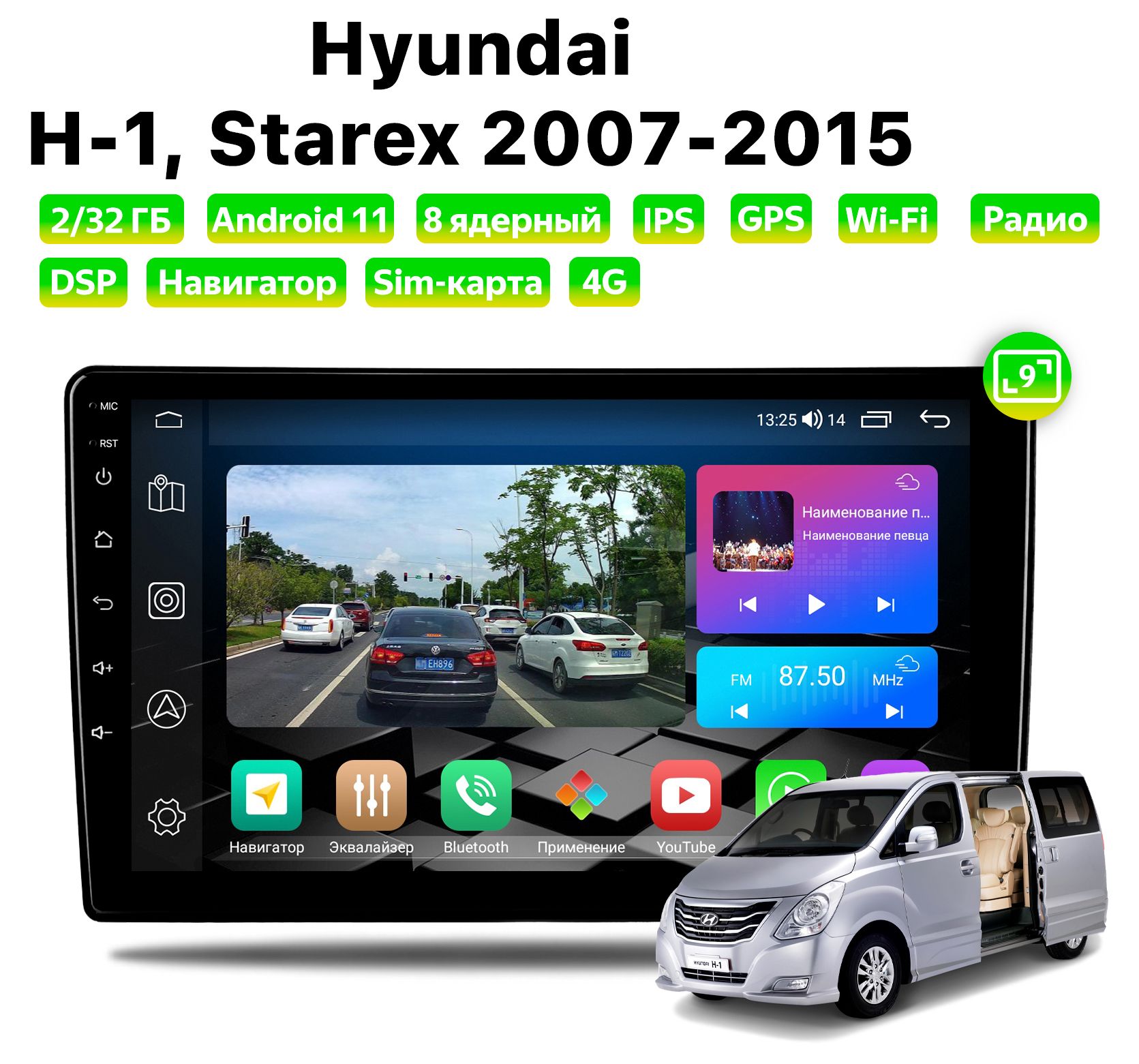 Автомагнитола Podofo Hyundai H1, Starex (2007-2015), 2/32 Gb, 8 ядер, Sim слот