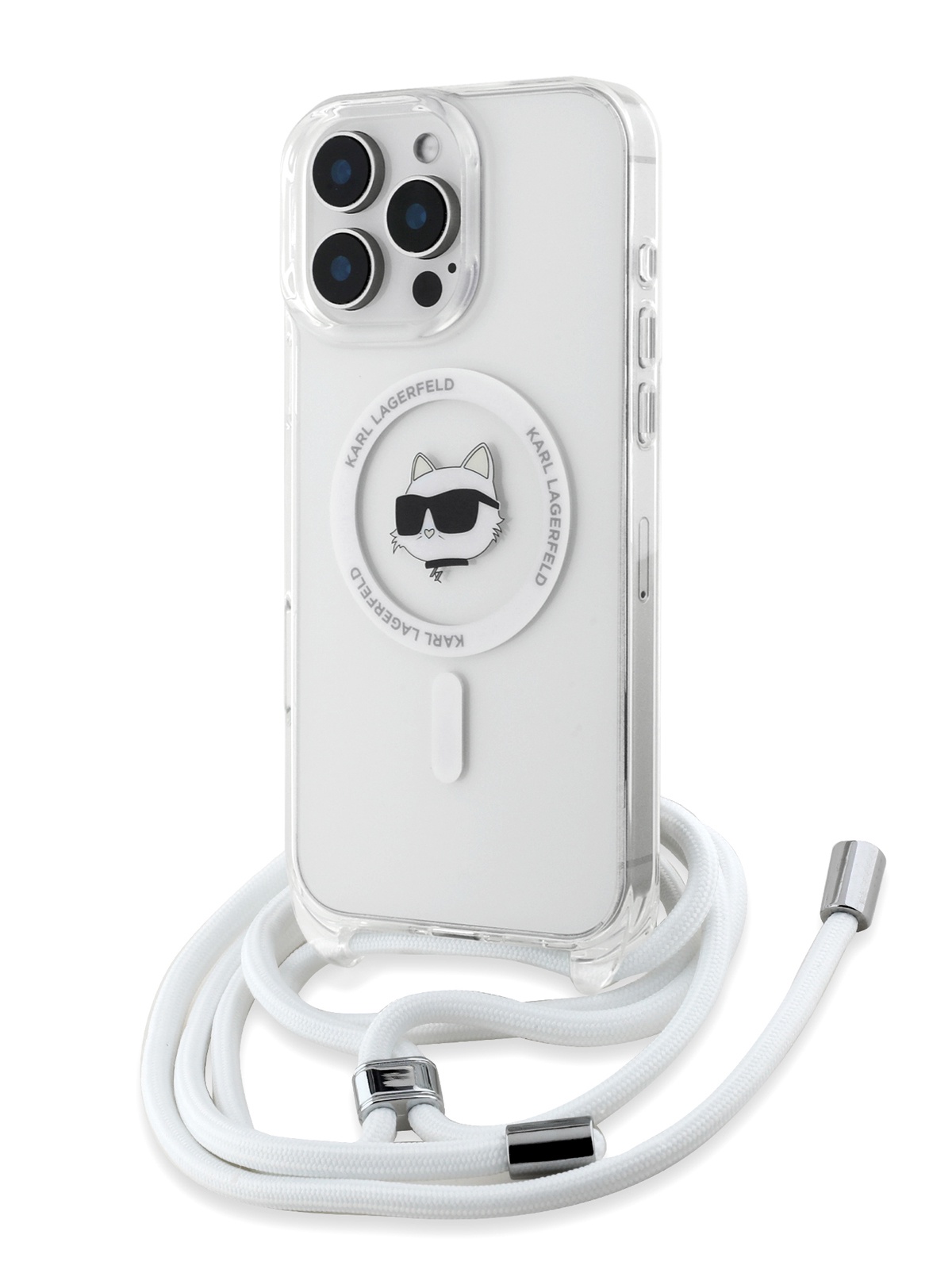 

Чехол Karl Lagerfeld для iPhone 16 Pro с MagSafe, с шнурком на шею, прозрачный