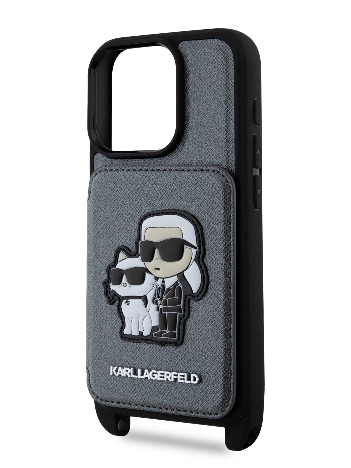 

Чехол Karl Lagerfeld для iPhone 16 Pro с ремешком Crossbody, с кардхолдером, серебристый