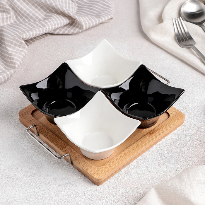 

Набор салатников «Инь-Янь.Квадрат», 80 мл, 4 шт, на деревянной подставке, Белый