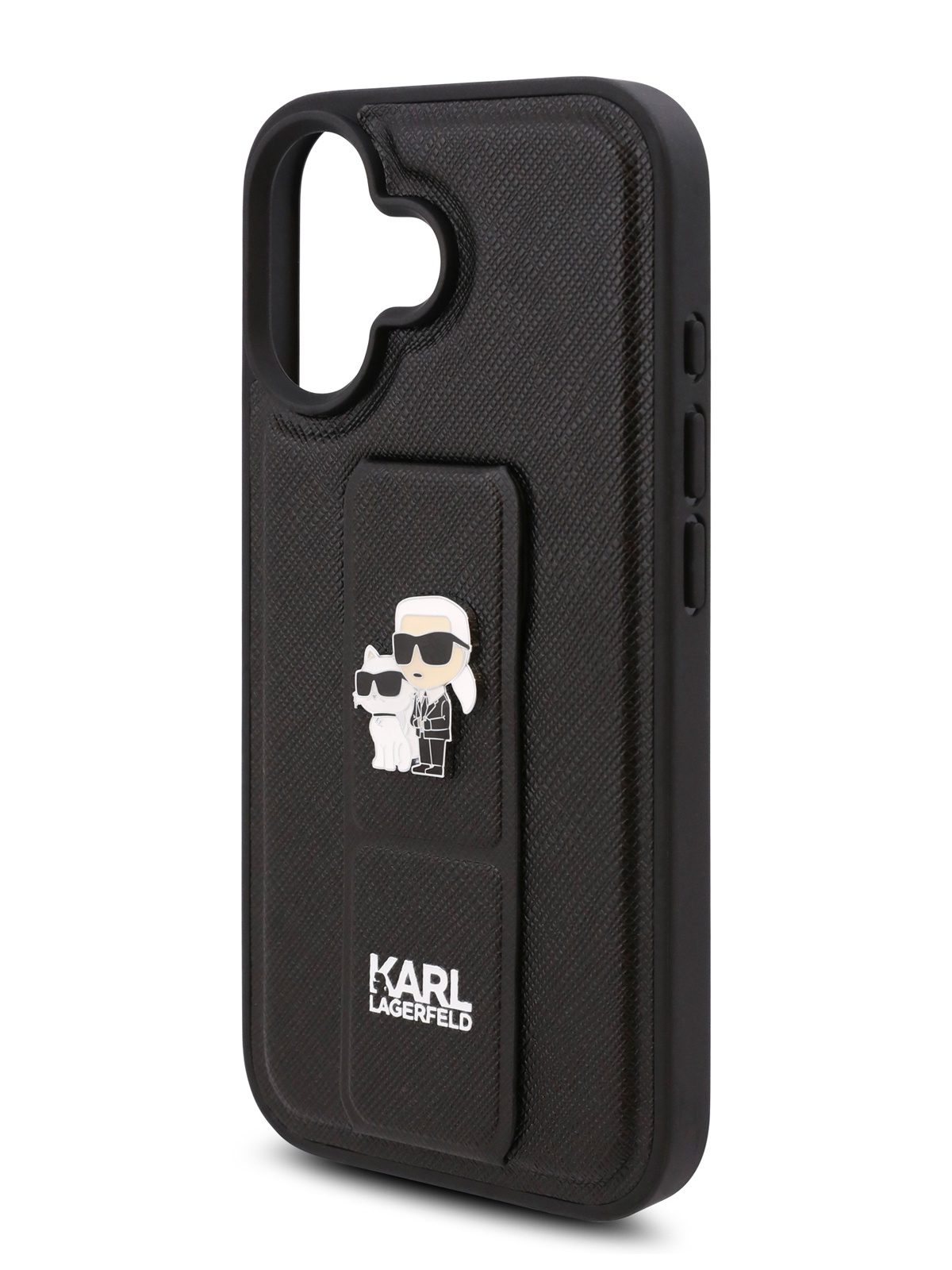 

Чехол Karl Lagerfeld для iPhone 16 из экокожи, с ремешком-подставкой GripStand, черный