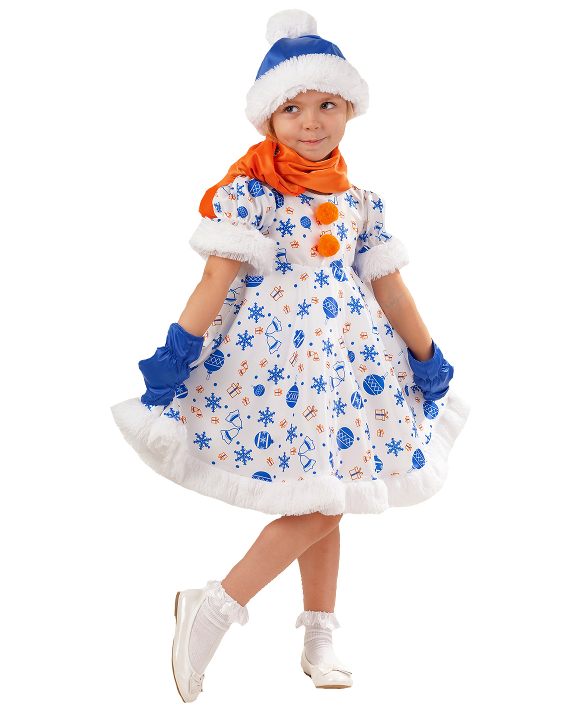 Карнавальный костюм Batik 1025 к-18 Снеговик Снежана, белый, синий, оранжевый, 110 карнавальный костюм batik 1037 к 18 снеговик снежок белый синий оранжевый 104
