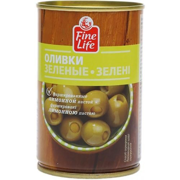 

Оливки Fine Life зеленые фаршированные лимонной пастой в рассоле 300 г