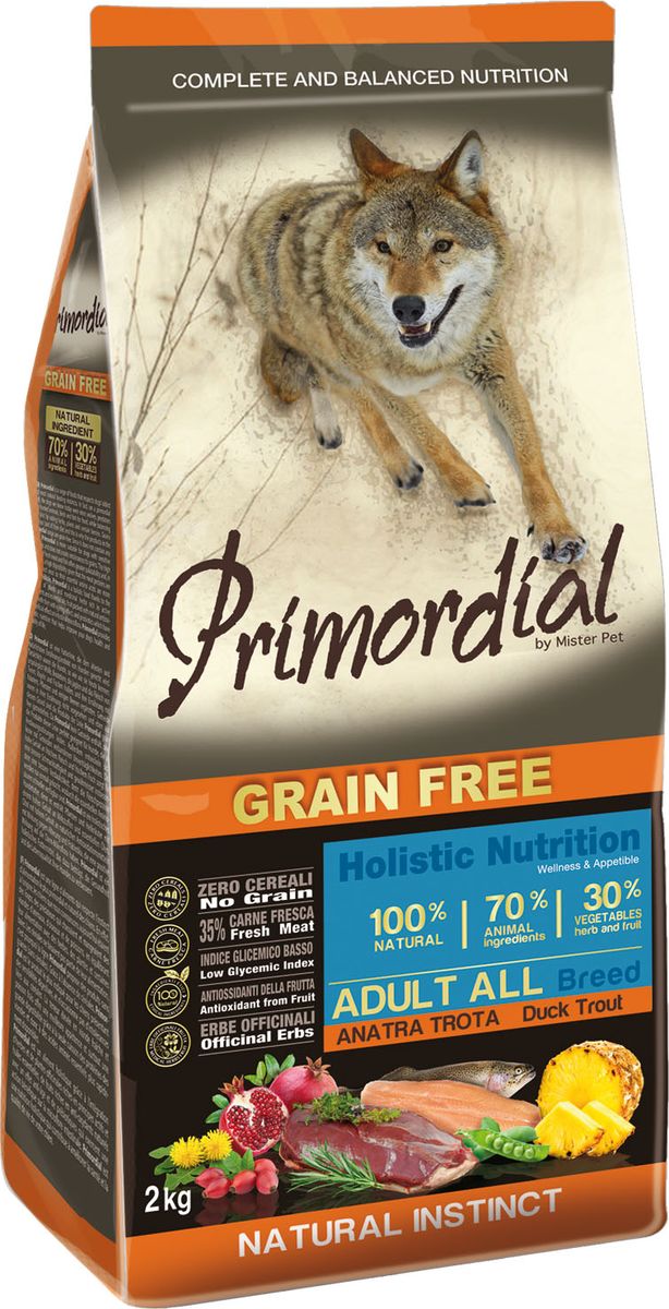 фото Сухой корм для собак всех пород primordial grain free adult all, форель, утка, 2кг