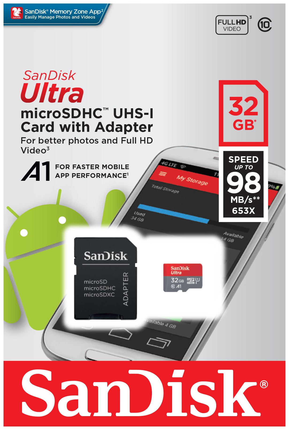 Карта памяти MicroSDHC SanDisk Ultra (SDSQUAR-032G-GN6MA)