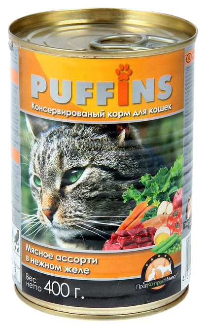 Консервы для кошек Puffins, с мясным ассорти в нежном желе, 400г