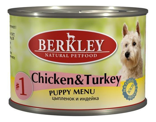 

Консервы для щенков Berkley Puppy Menu, цыпленок, индейка, 6шт по 200г, Menu