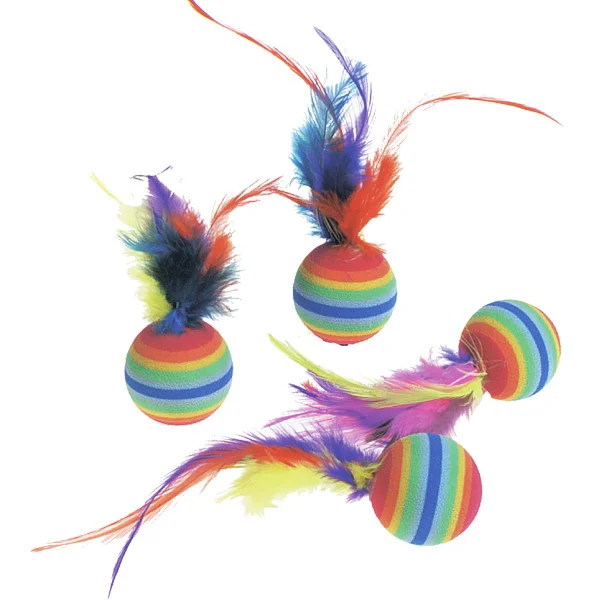 Мяч для кошек Flamingo Шарики радужные с пером, разноцветный, 3 см, 4 шт