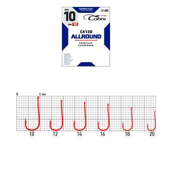 

Рыболовные крючки Cobra Allround CA120 №11, 10 шт., Красный, Allround CA120
