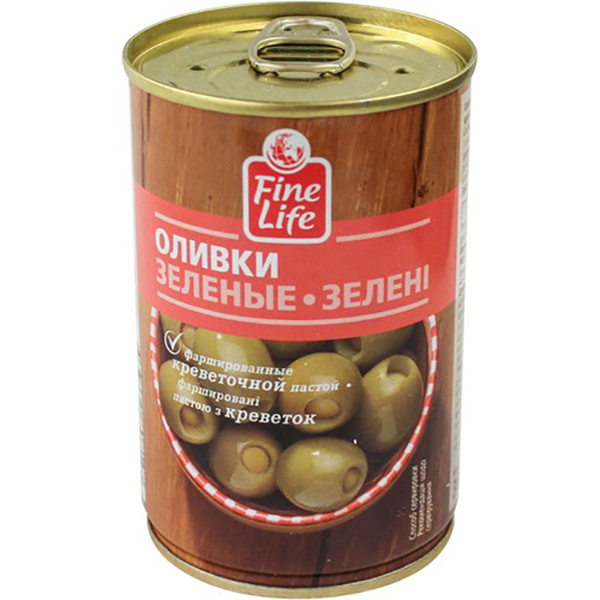 

Оливки Fine Life зеленые фаршированные креветочной пастой в рассоле 300 г