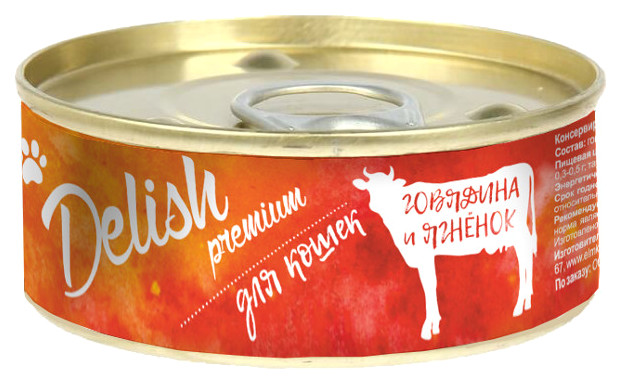 Консервы для кошек Delish Premium, говядина и ягненок, 100г