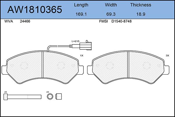 фото Комплект тормозных колодок, дисковый тормоз aywiparts aw1810365