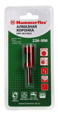

Алмазная коронка по керамограниту/стеклу Hammer Flex 226-006 (58969), DHS 18,0*60/5