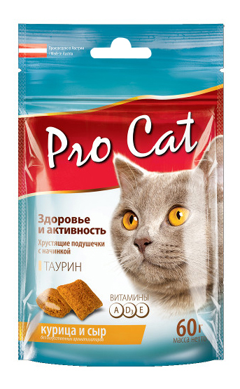 фото Лакомство для кошек pro cat здоровье и активность подушечки, курица, сыр, 60 г