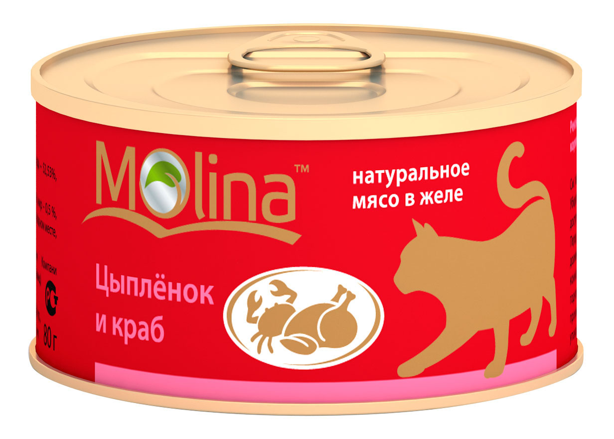 

Консервы для кошек Molina, с цыпленком и крабами в желе, 12шт по 80г, с цыпленком и крабами в желе, 80 г 12 шт