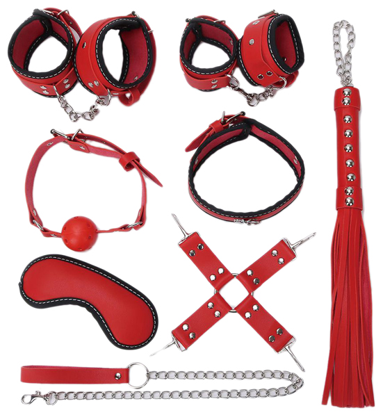 фото Набор бдсм bior toys красно-черный маска, ошейник, кляп, фиксатор, наручники, оковы, плеть