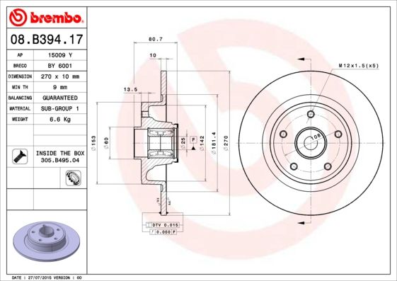 фото Тормозной диск brembo 08.b394.17