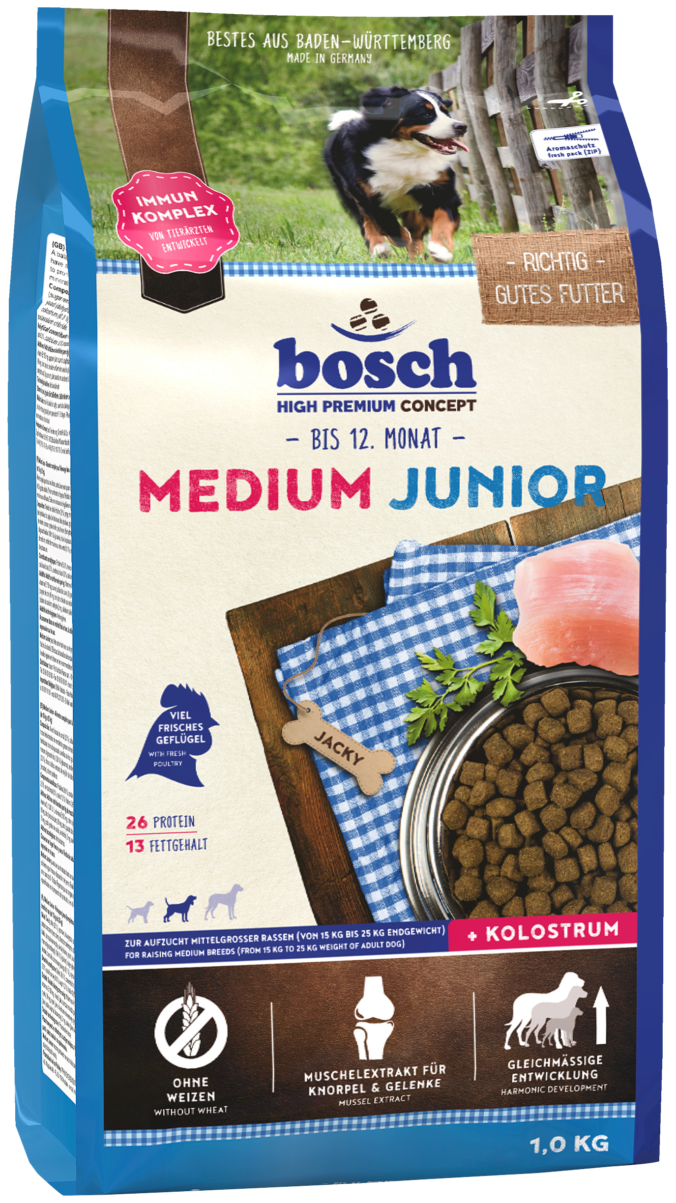 

Сухой корм для щенков Bosch Medium Junior, для средних пород, домашняя птица, 1кг, Medium Junior