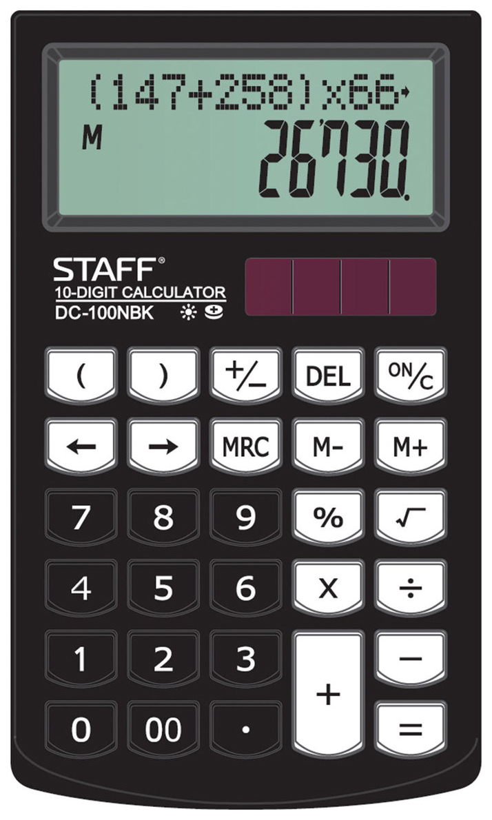

Калькулятор Staff PLUS настольный DC-100NBK, школьный, 10 разрядов, 147х106 мм черный