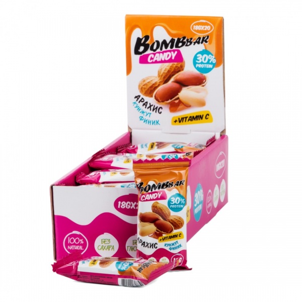 

Протеиновые конфеты арахис, кунжут, финик 30% Bombbbar (18 г.)(20 шт.), 30%