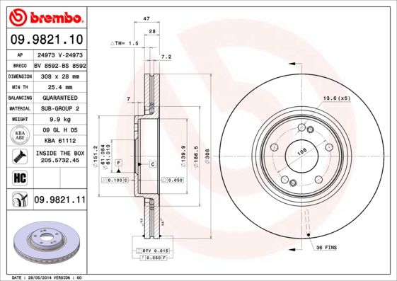 фото Тормозной диск brembo 09.9821.11