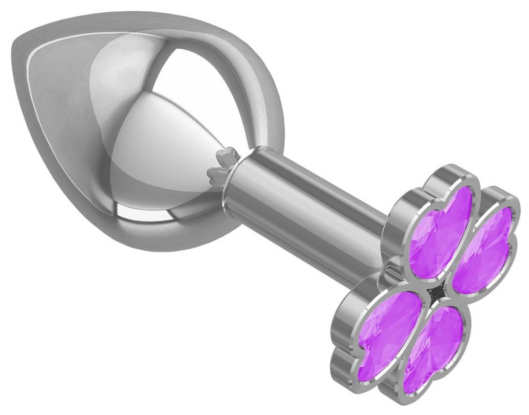 фото Средняя серебристая анальная пробка с клевером из сиреневых кристаллов 8,5 см сумерки богов