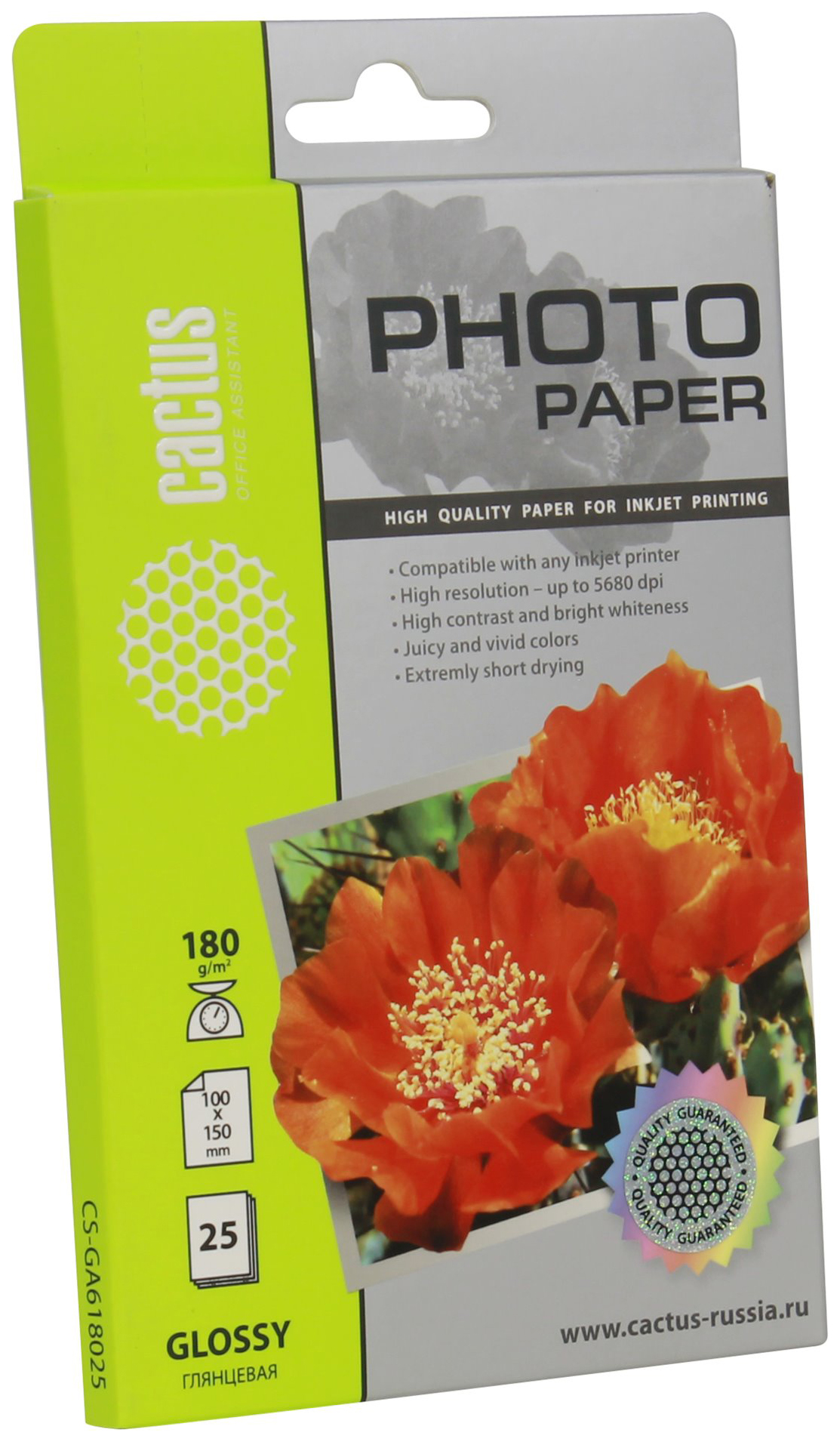 

Фотобумага для принтера Cactus CS-GA618025 A6 180г/кв.м глянцевое покрытие 25л, Белый, cS-GA618025