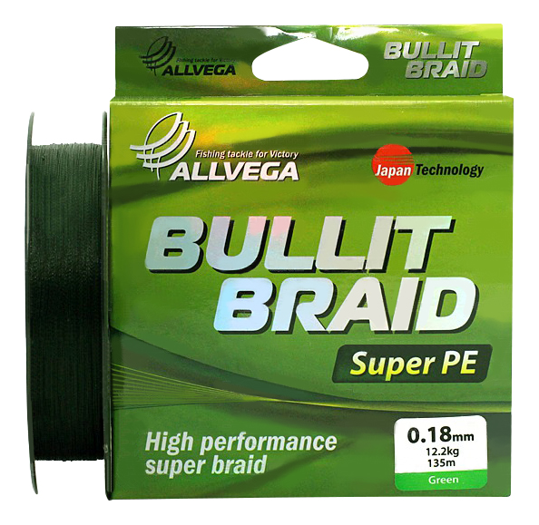 

Леска плетеная Allvega Bullit Braid 0,18 мм, 135 м, 12,2 кг, green, Зеленый, Bullit Braid