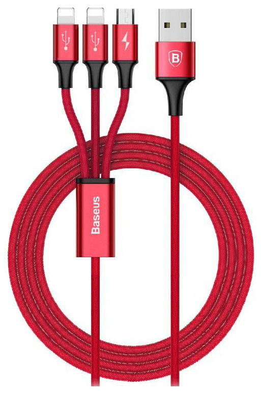 фото Кабель baseus rapid series 3-in-1 cable micro+dual lightning 3a 1.2m red