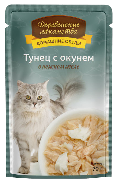 фото Влажный корм для кошек деревенские лакомства, с тунцом и окунем в желе, 12шт по 70г