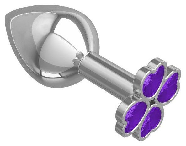 Средняя серебристая Анальная пробка с клевером из фиолетовых кристаллов 8,5 см