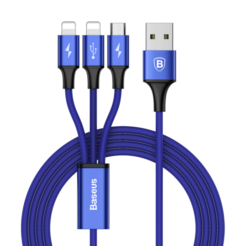 

Кабель Baseus Rapid Series 3-in-1 Cable Micro+Dual Lightning 3A 1.2m Blue