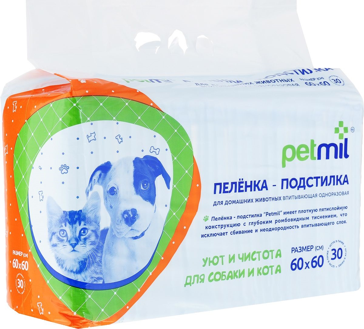 

Пеленки для кошек и собак Petmil одноразовые 60 x 60 см, 30 шт, Белый;голубой, Petmil