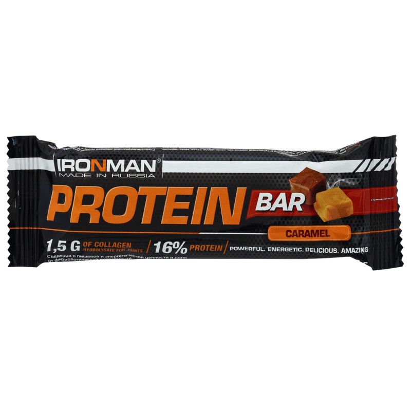 фото Батончик "ironman" "protein bar" с коллагеном, 35г (карамель/тёмная глазурь)(30 шт)