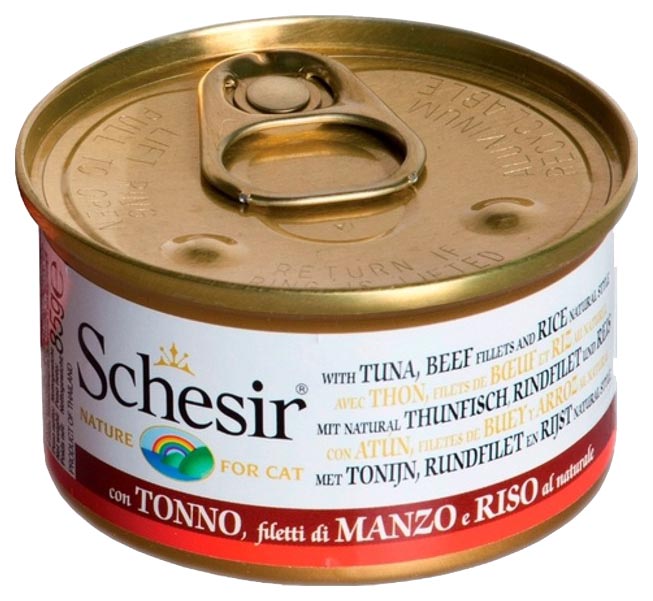 фото Консервы для кошек schesir тунец, говяжье филе и рис 85 г 14 шт
