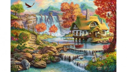 

Холст с красками "Рисование по номерам. Домик у водопада", 40x50 см, Домик у водопада