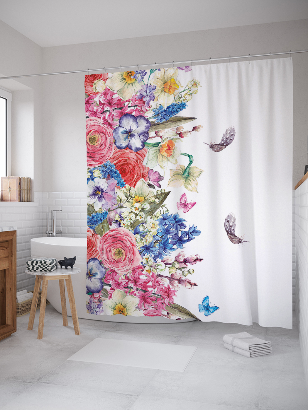 

JoyArty Штора (занавеска) для ванной «Весенние цветы» из ткани, 180х200 см с крючками, Синий;розовый;красный