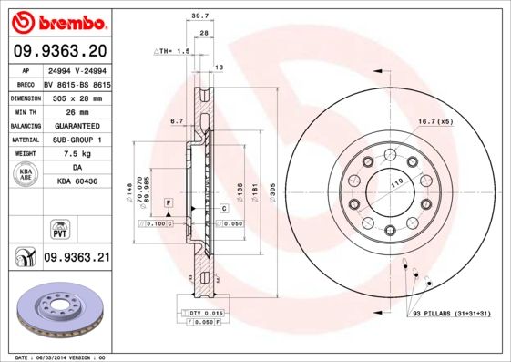 фото Тормозной диск brembo 09.9363.21