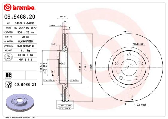 Тормозной диск brembo 09.9468.21