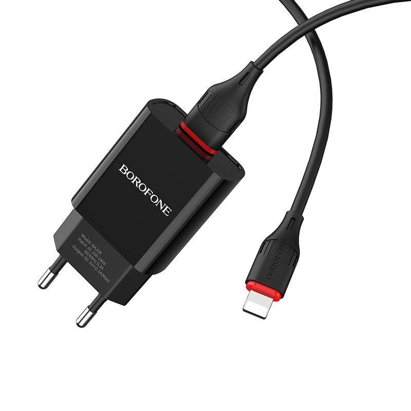 

Сетевое зарядное устройство Borofone BA20A (2.1A) + кабель Lightning, черный