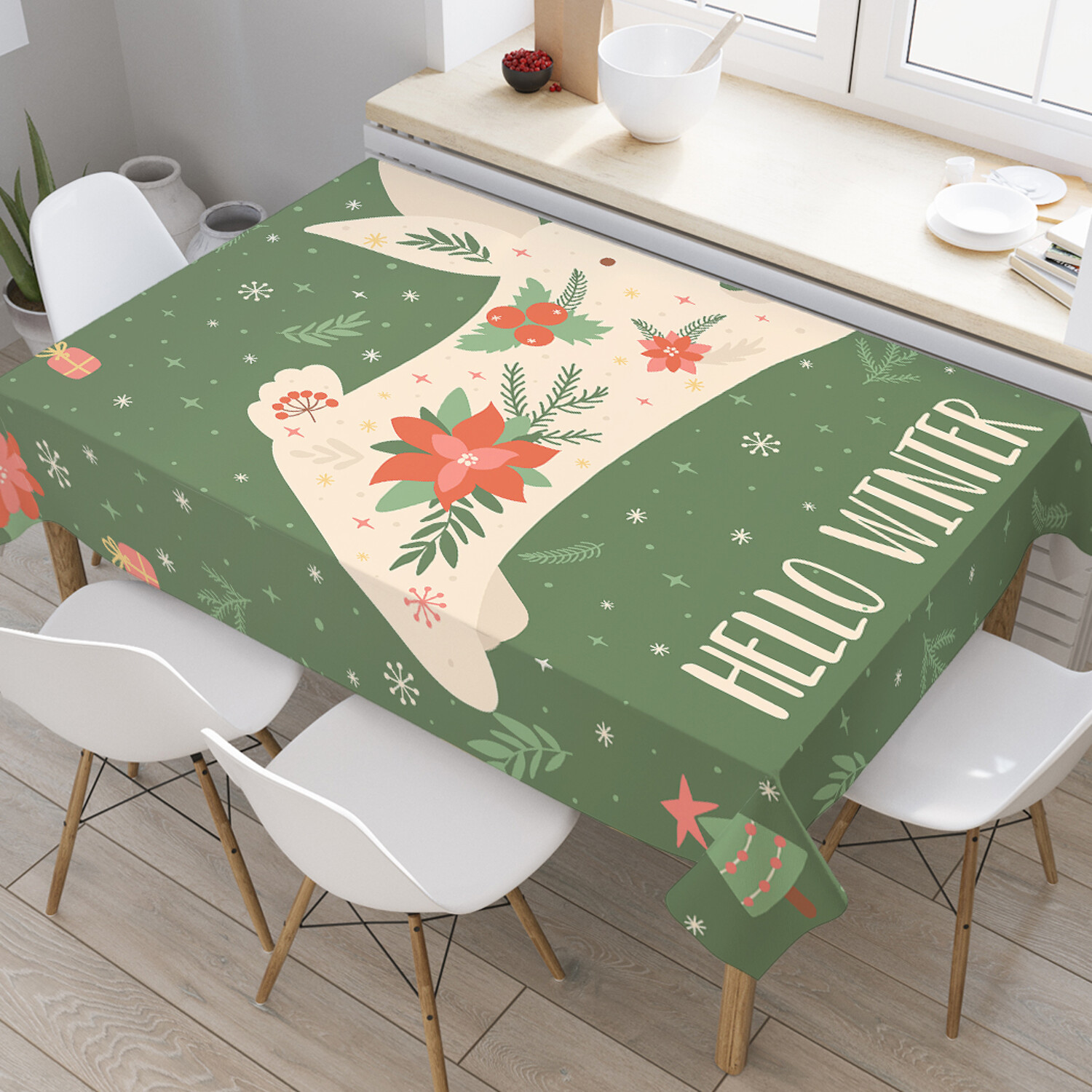 

Прямоугольная водоотталкивающая скатерть на стол JoyArty Праздничный заяц 120x145 см, Зеленый, Праздничный заяц