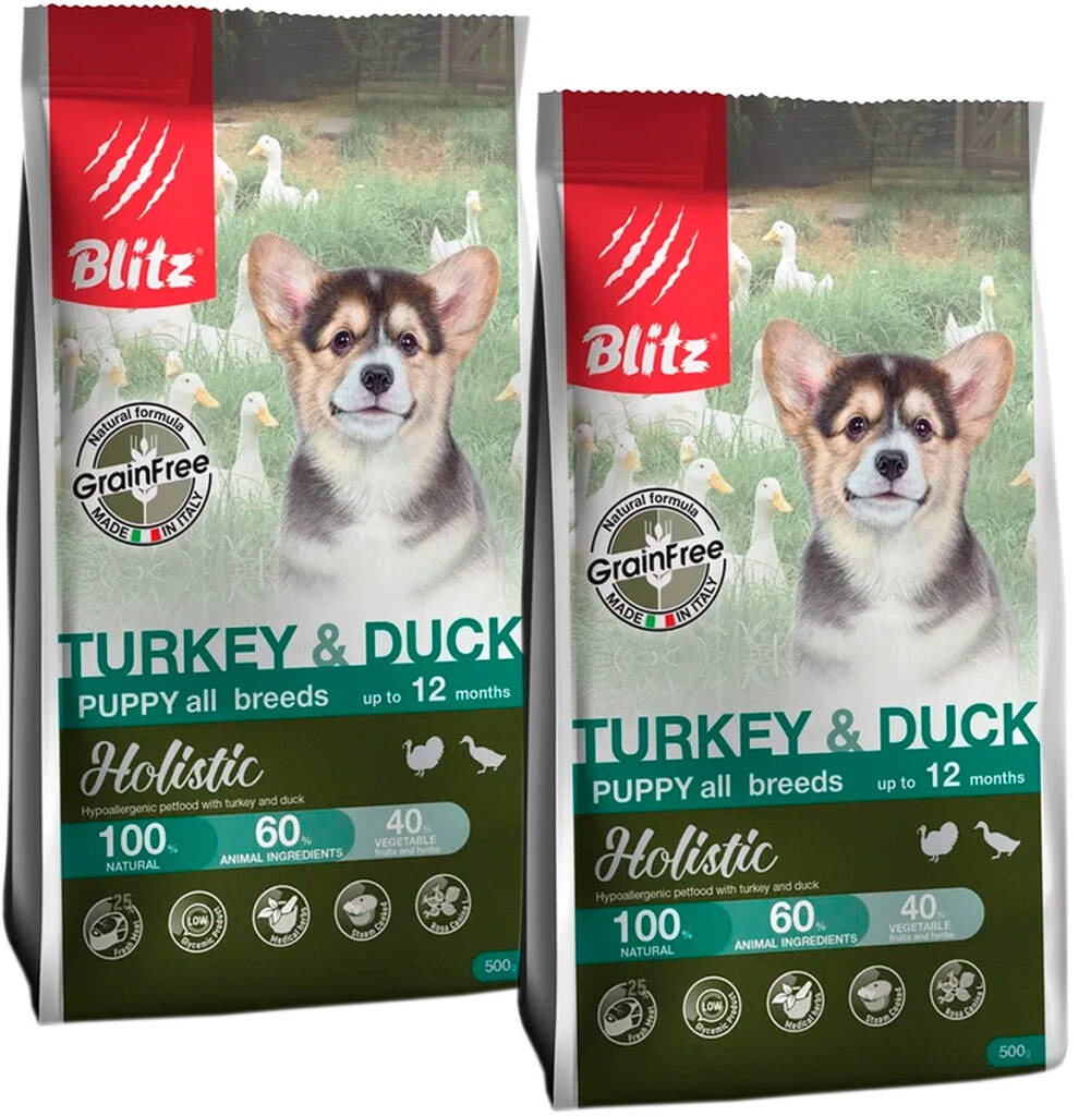 

Сухой корм для щенков BLITZ HOLISTIC GRAIN FREE PUPPY, с индейкой и уткой, 2шт по 500г