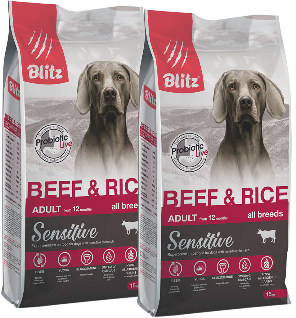 

Сухой корм для собак BLITZ SENSITIVE ADULT ALL BREEDS с говядиной и рисом 2шт по 15кг